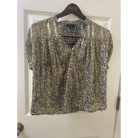 Current Air Anthropologie Shimmer Ditsy Floral Black Gold Short Sleeve Blouse - Picture 1 of 10